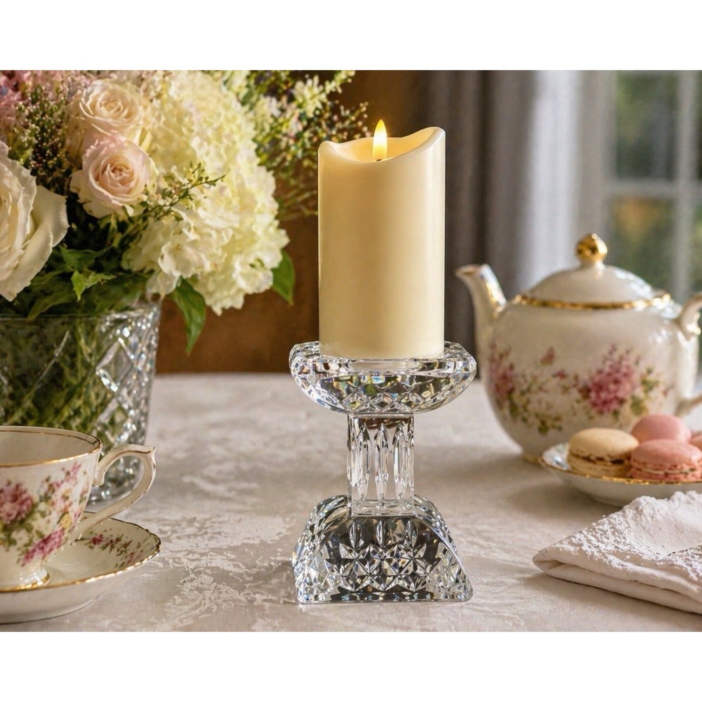 Waterford Pilar Crystal Pillar Candle Holder 5.5" Square Base 3" Candle